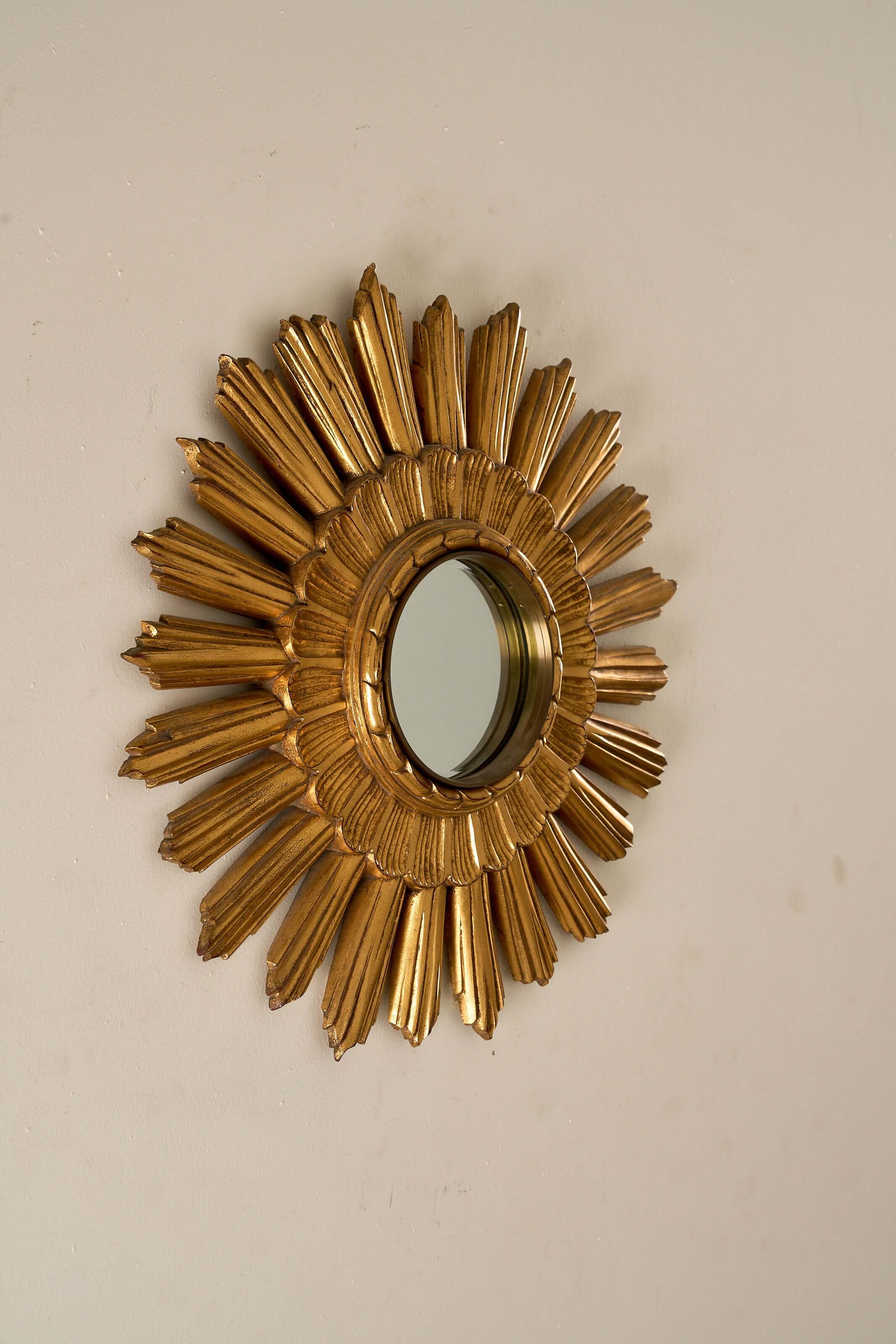 Mid-Century Plaster Sunburst Mirror, 1960s with gilded finish and layered starburst design