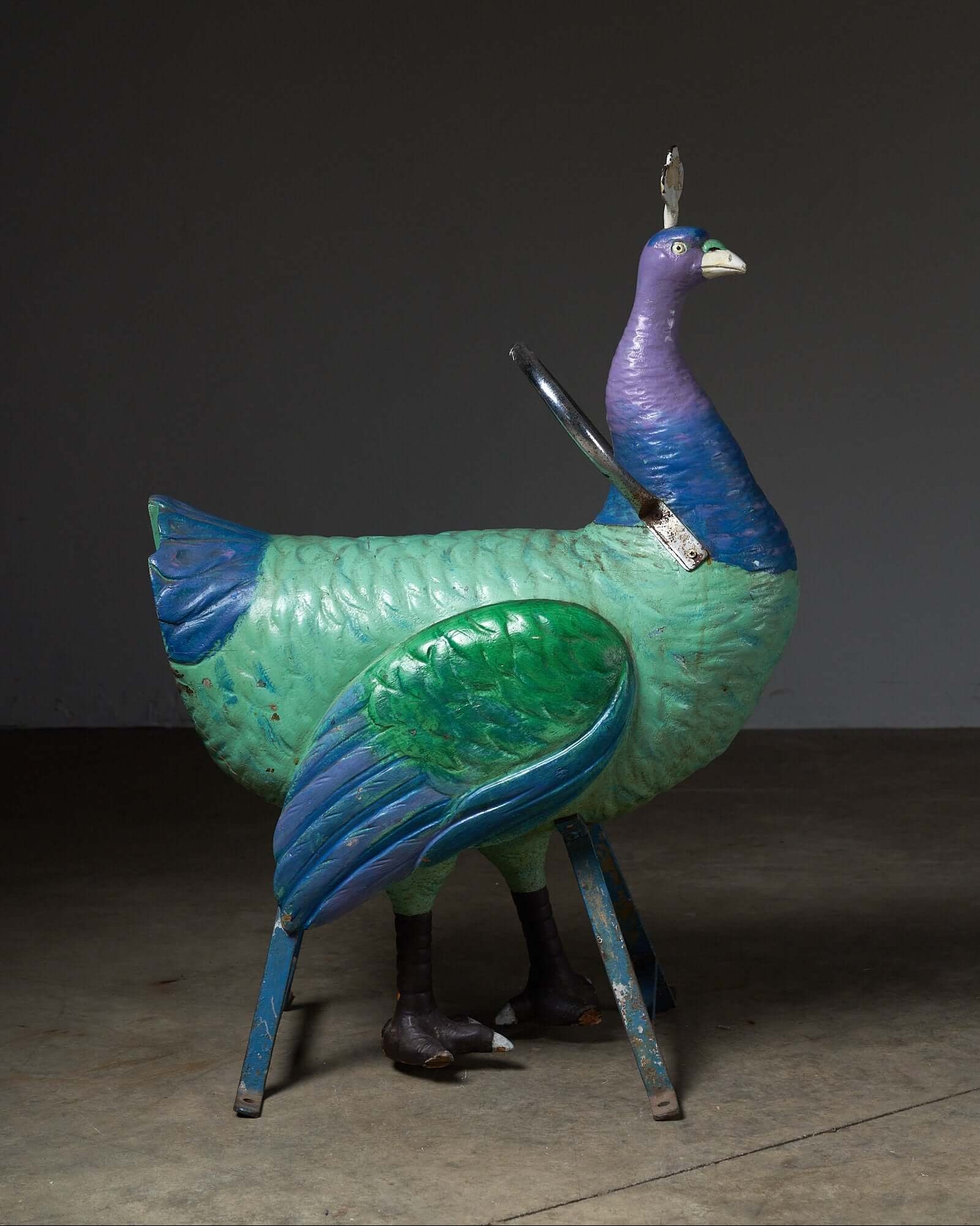 Antique Carnival Ride Peacock Sculpture, hand-carved wooden figure with polychrome painted finishes.