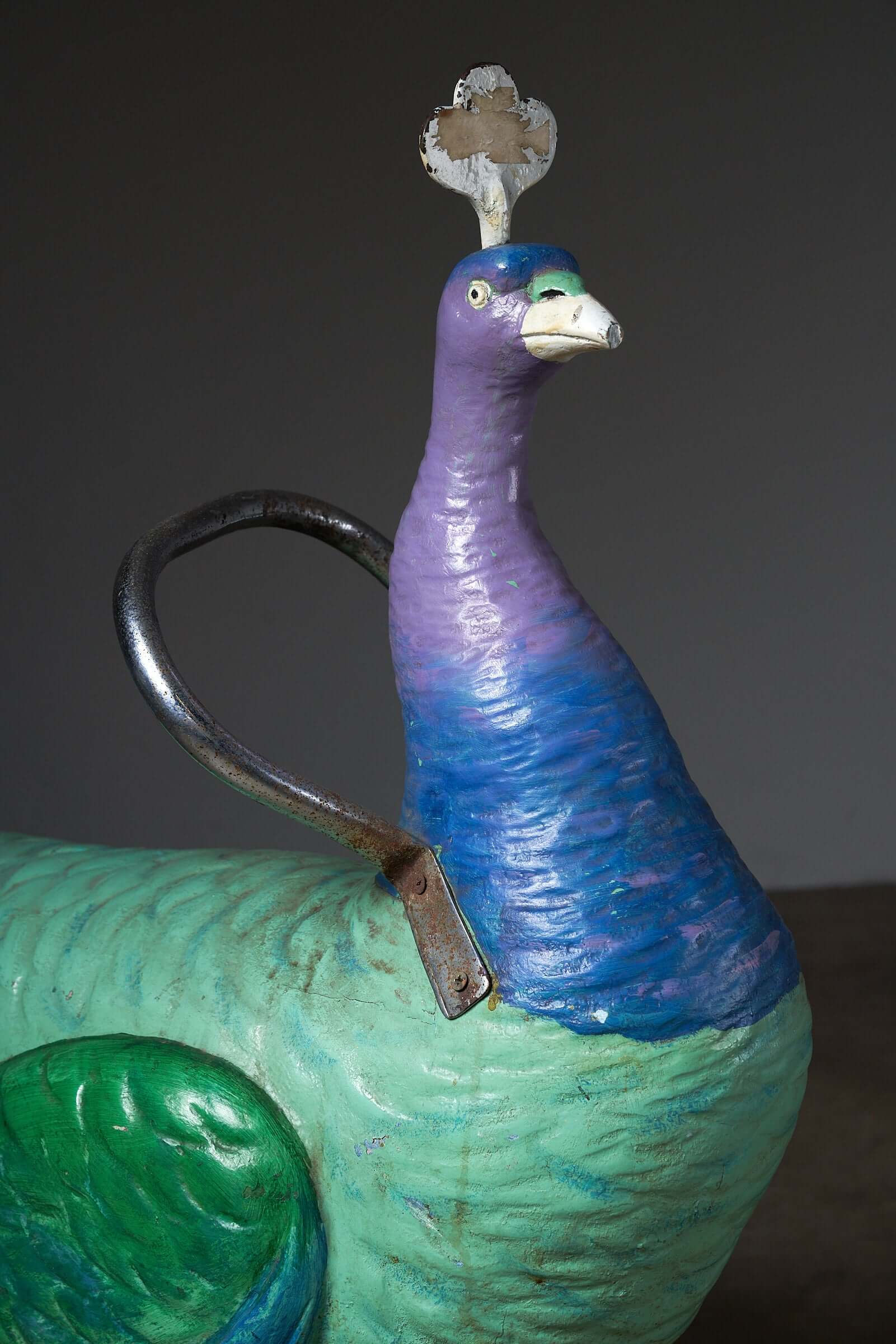 Antique Carnival Ride Peacock Sculpture featuring hand-carved wood and colorful painted finishes, mounted with a metal support.