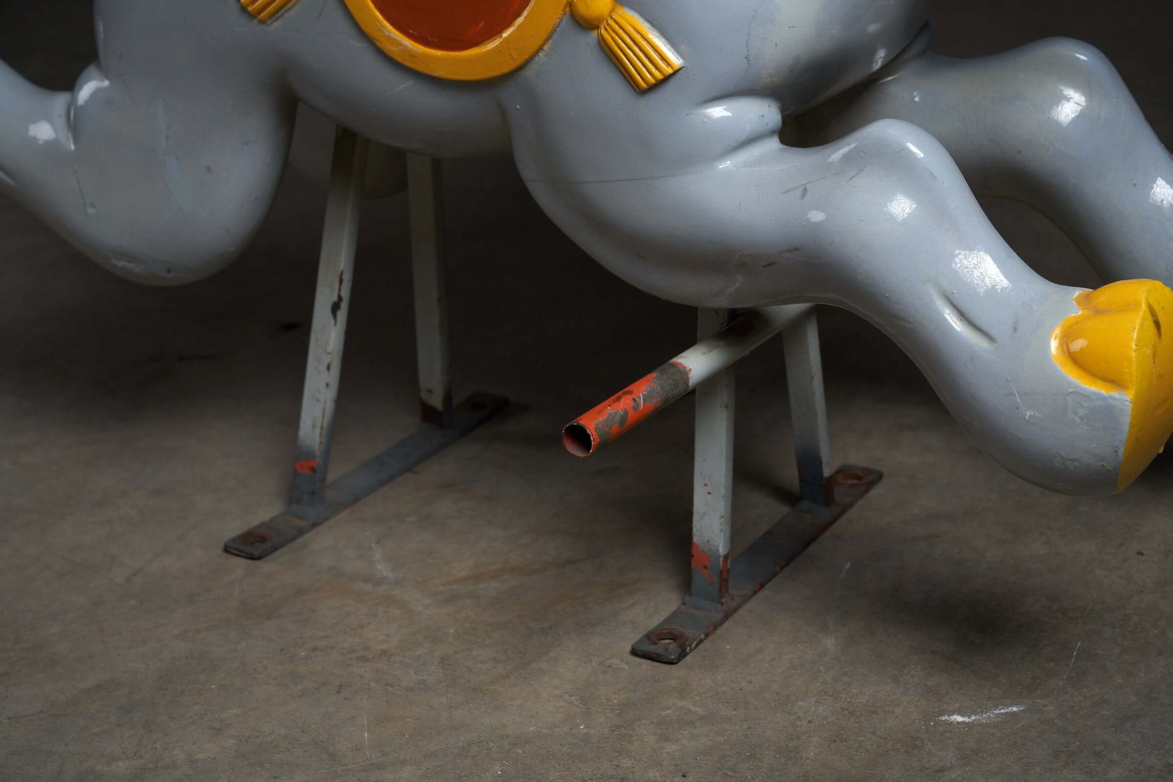 Vintage Carved Wood Carousel Elephant Figure by Bernard Kindt, showcasing the detailed craftsmanship and metal support.