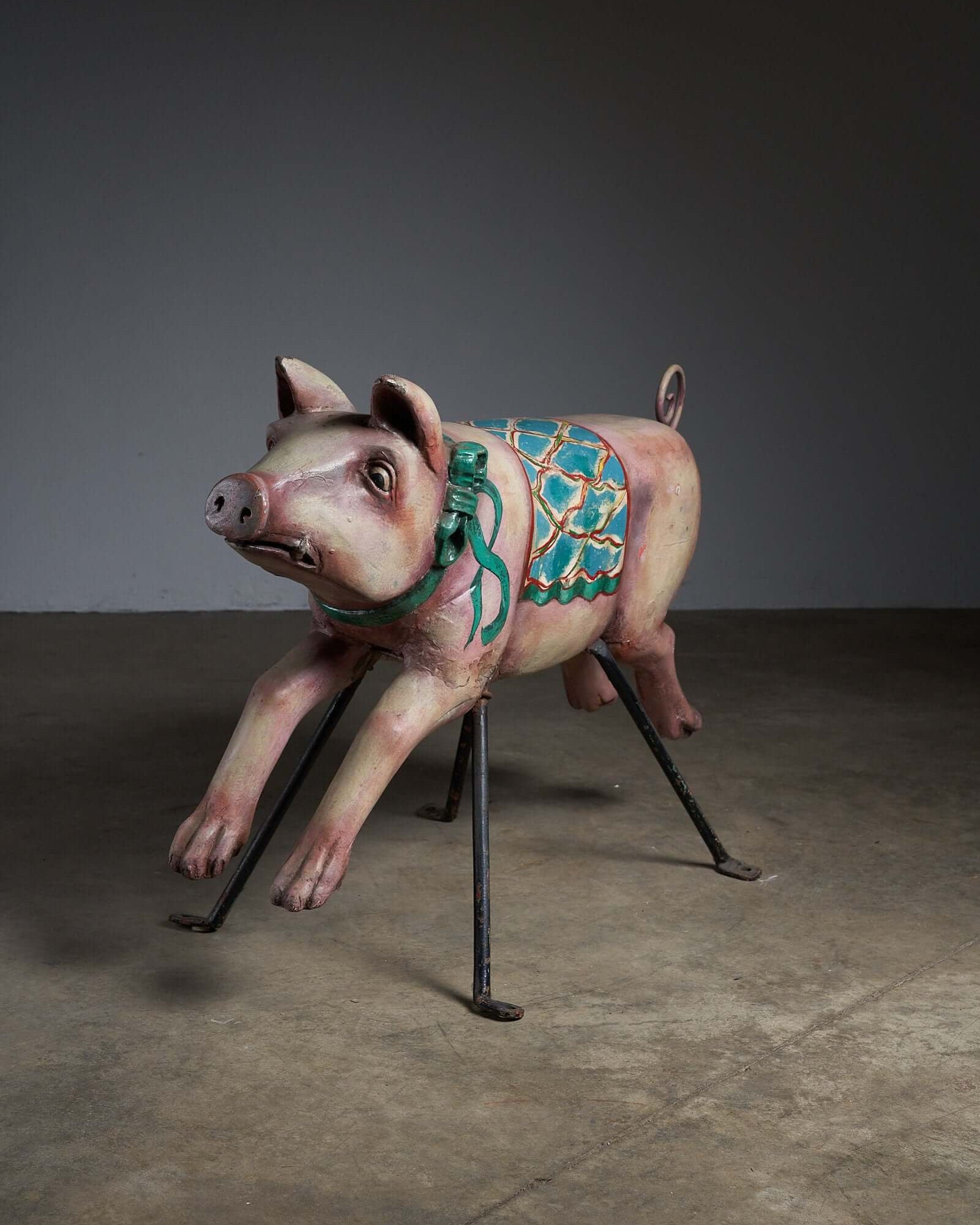 Carved Wooden Carousel Pig Figure on metal support, hand-carved with polychrome finish, for decorative interior display.