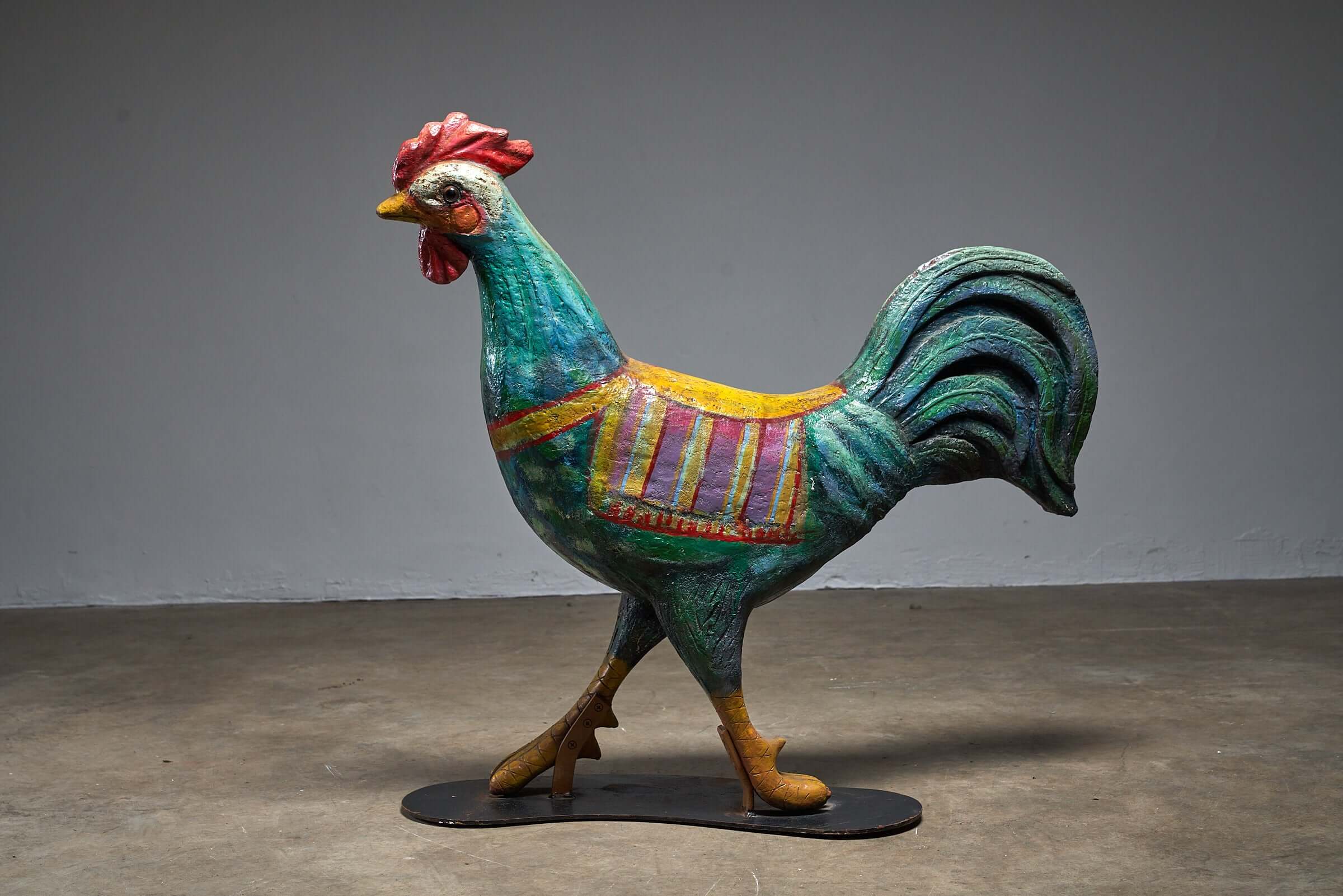 Hand-Painted Carousel Rooster Figure, 1950s vintage sculpture, colorful fairground art piece.
