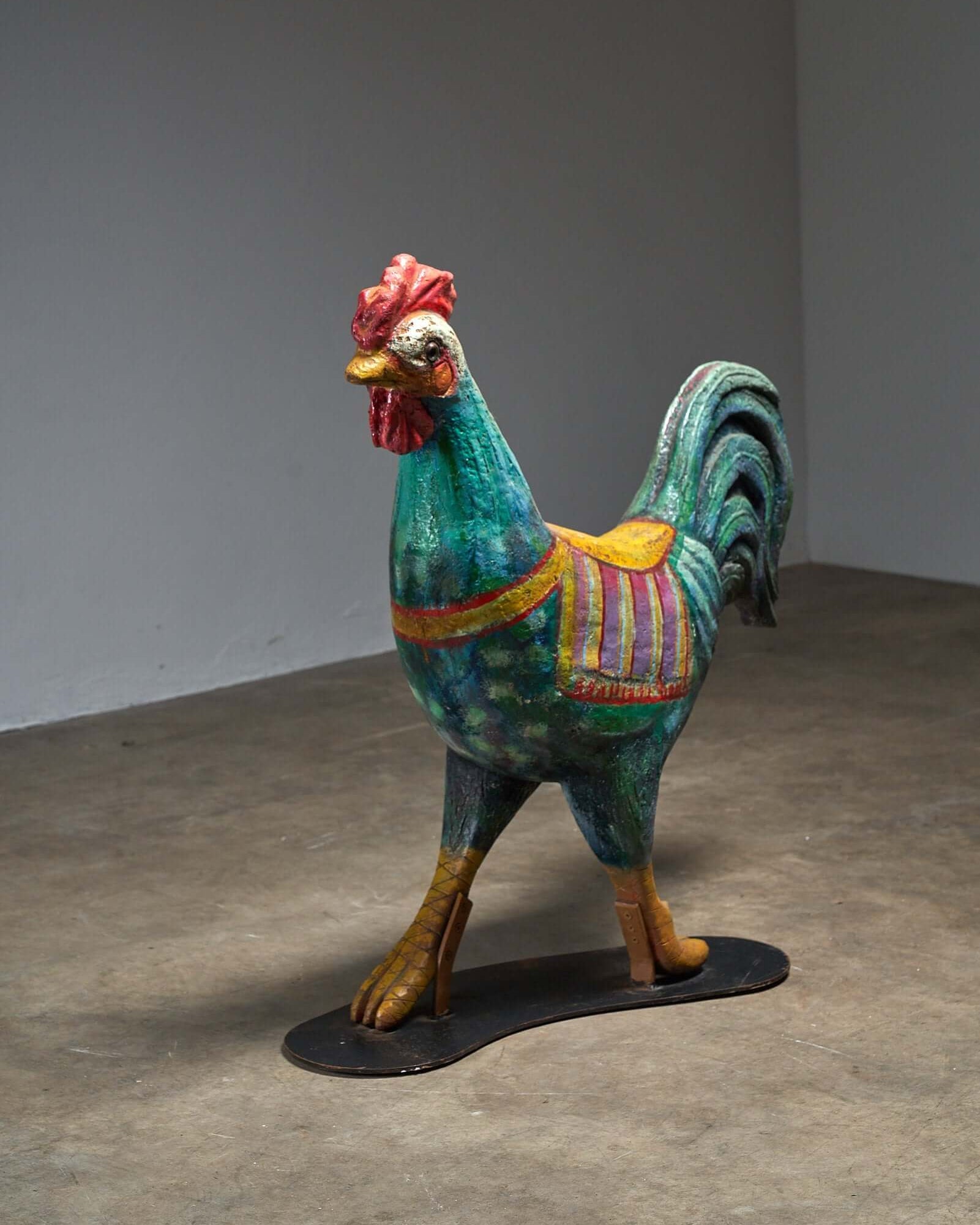 Hand-Painted Carousel Rooster Figure, 1950s vintage fairground sculpture in colorful detail.