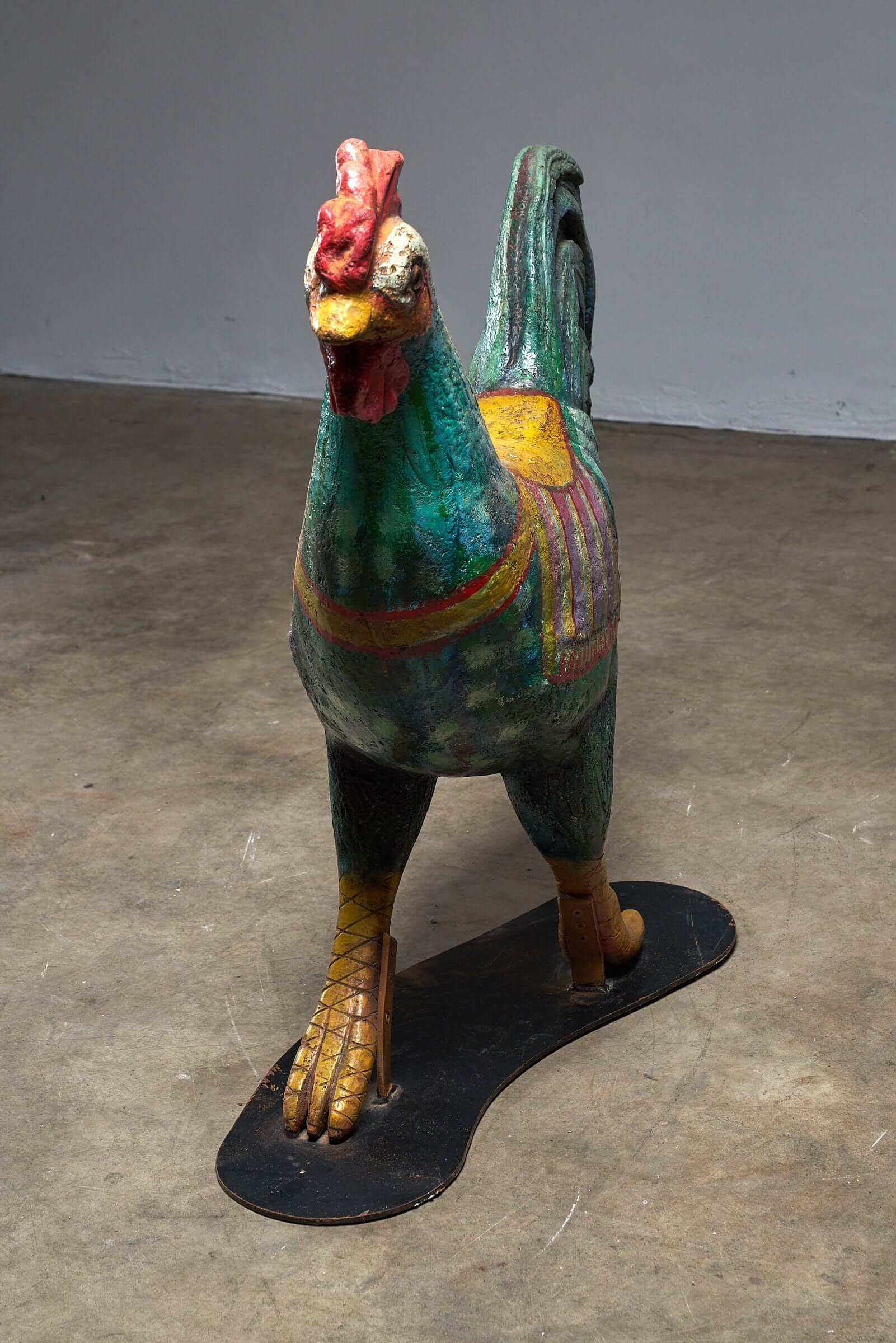 Hand-Painted Carousel Rooster Figure, 1950s vintage sculpture with colorful detailing.
