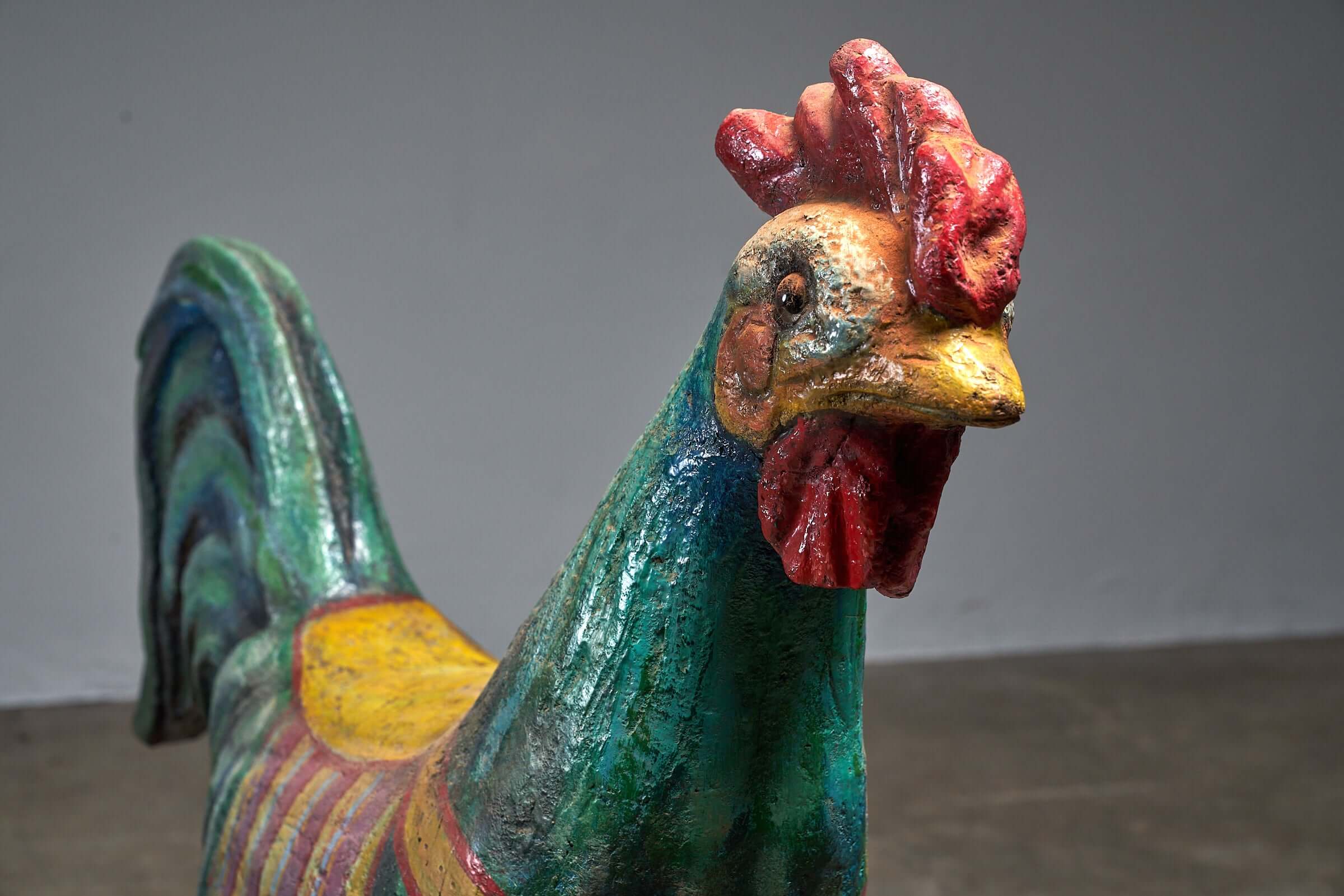 Hand-Painted Carousel Rooster Figure, 1950s close-up of the colorful vintage fairground sculpture