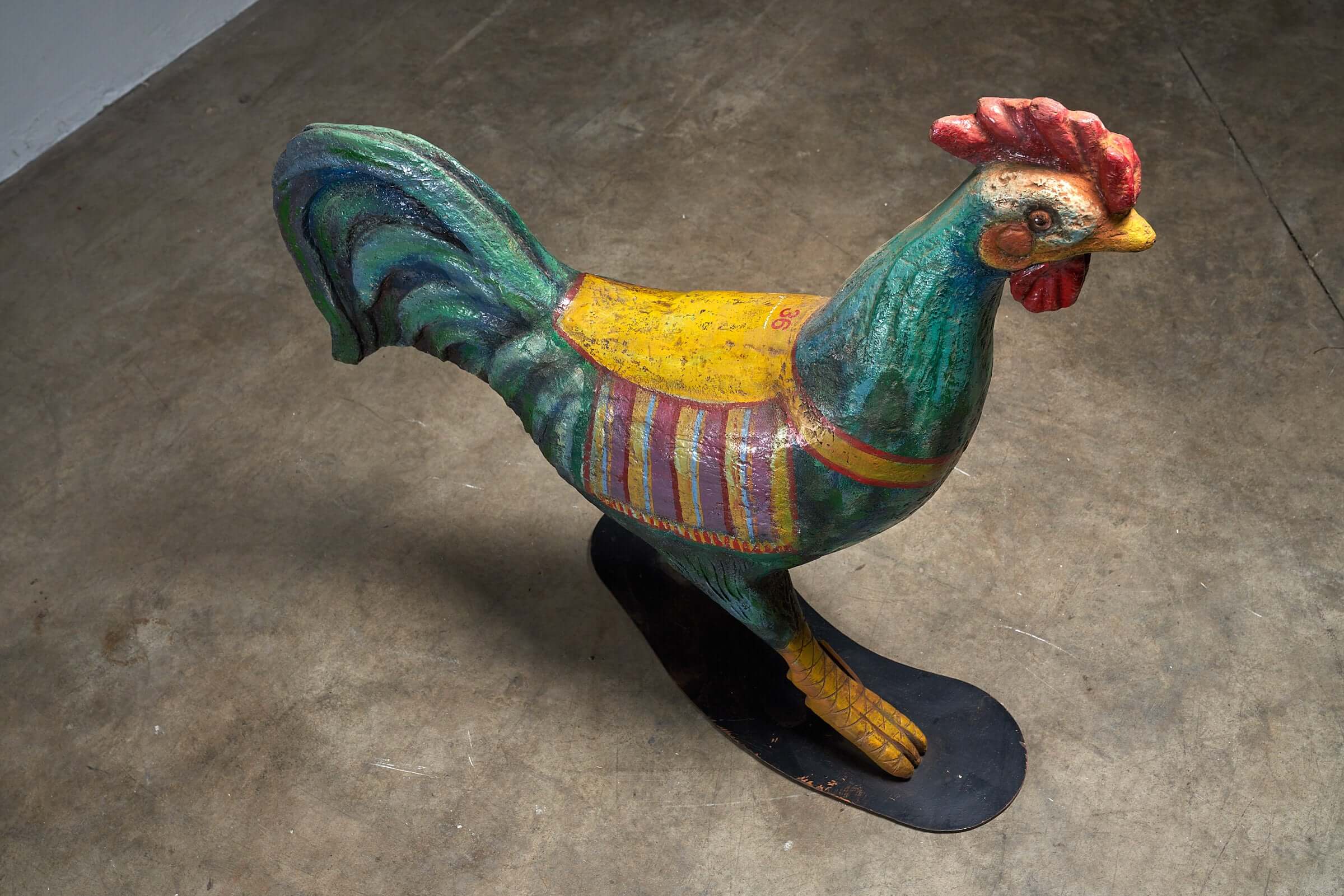 Hand-Painted Carousel Rooster Figure, 1950s, vintage colorful fairground sculpture as decorative focal point.