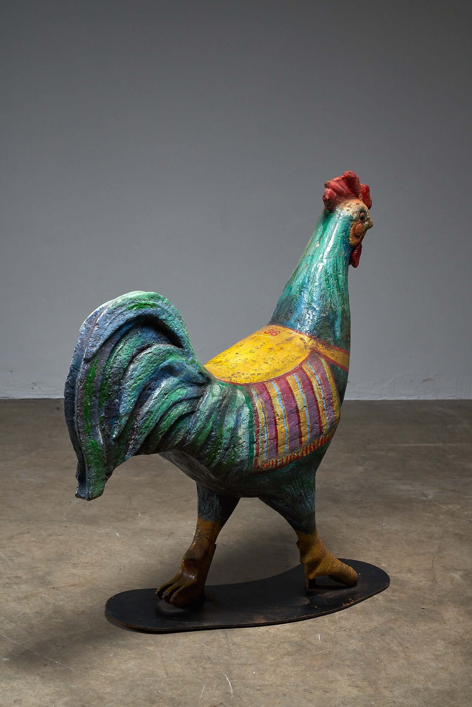 Hand-Painted Carousel Rooster Figure, 1950s - Vintage colorful rooster sculpture in mid-century fairground art style.