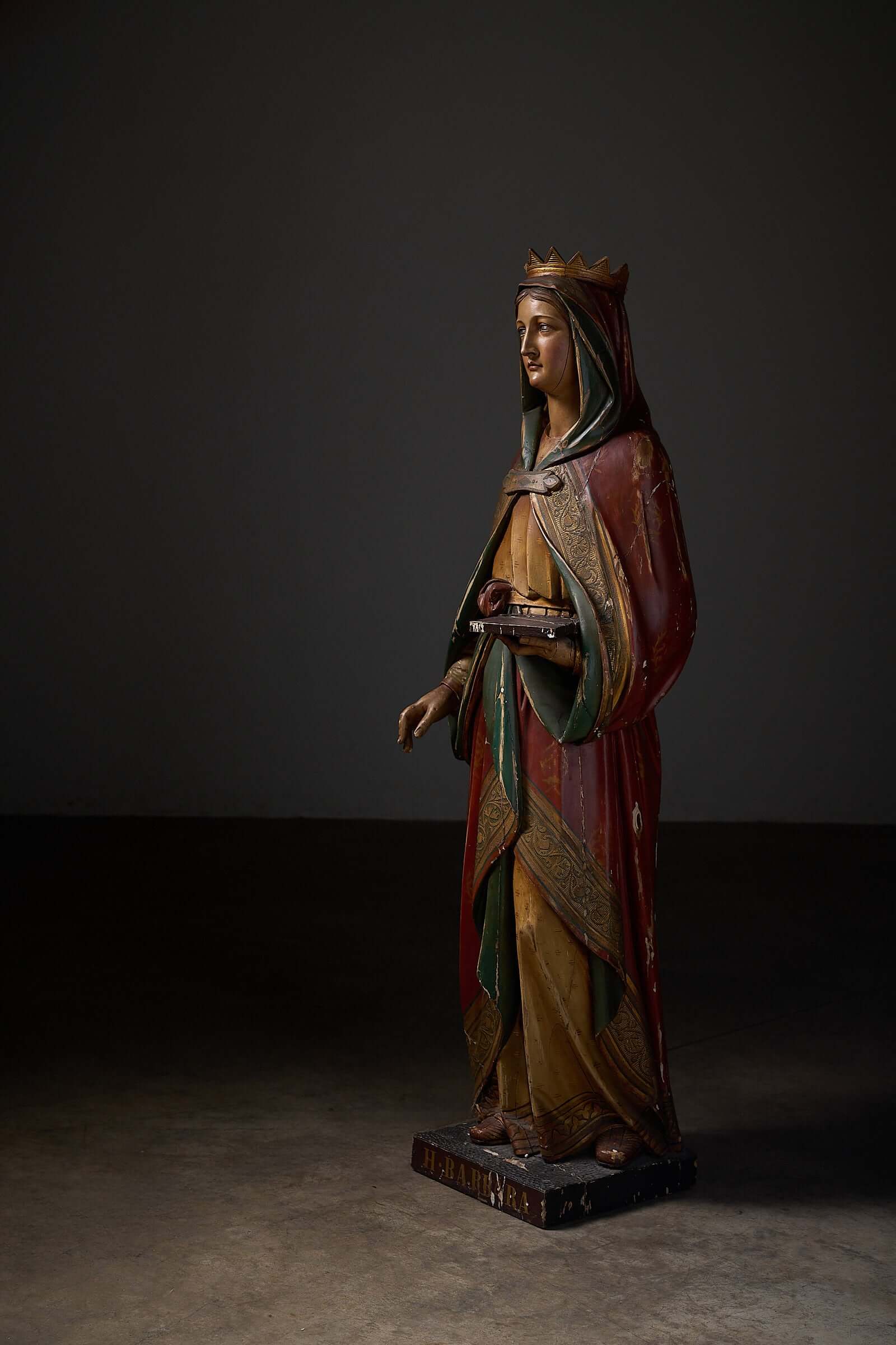 Antique Flemish Polychrome Statue of Saint Barbara in ornate robes and crown, showcasing traditional craftsmanship.