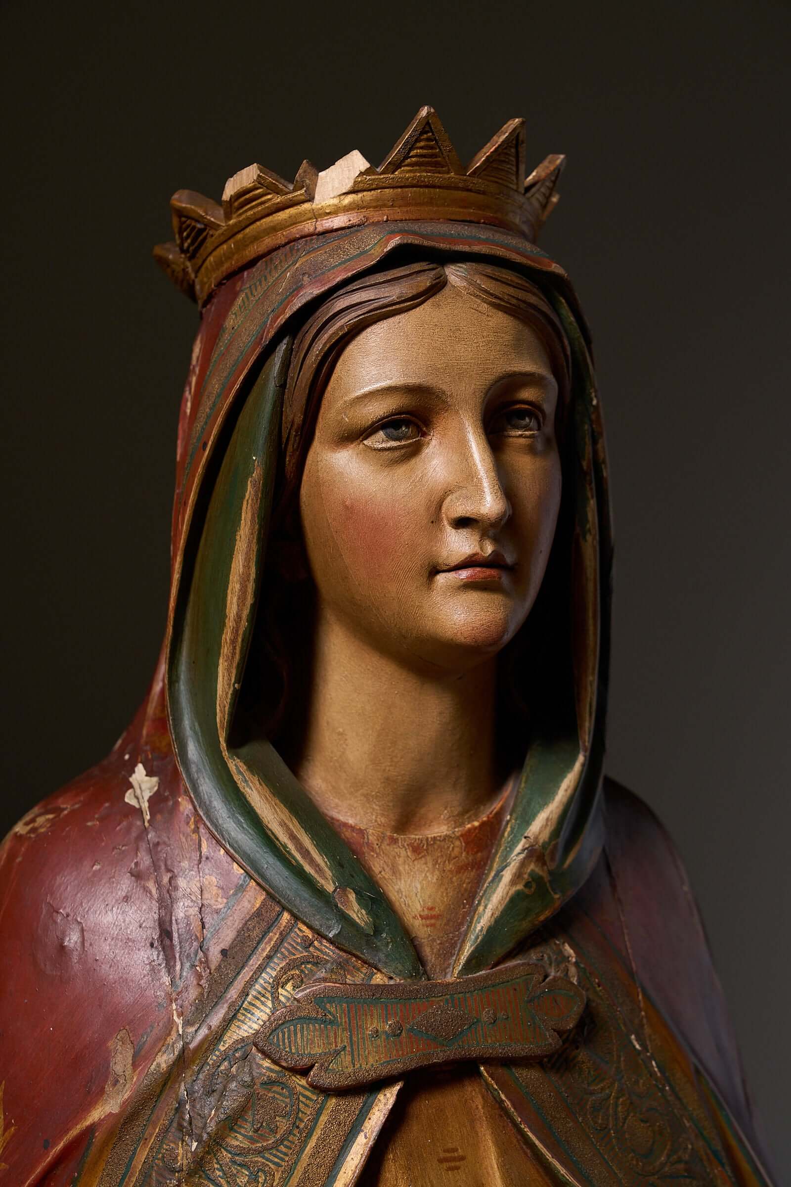 Antique Flemish Polychrome Statue of Saint Barbara with crown and flowing robes, showcasing intricate hand-carved details.