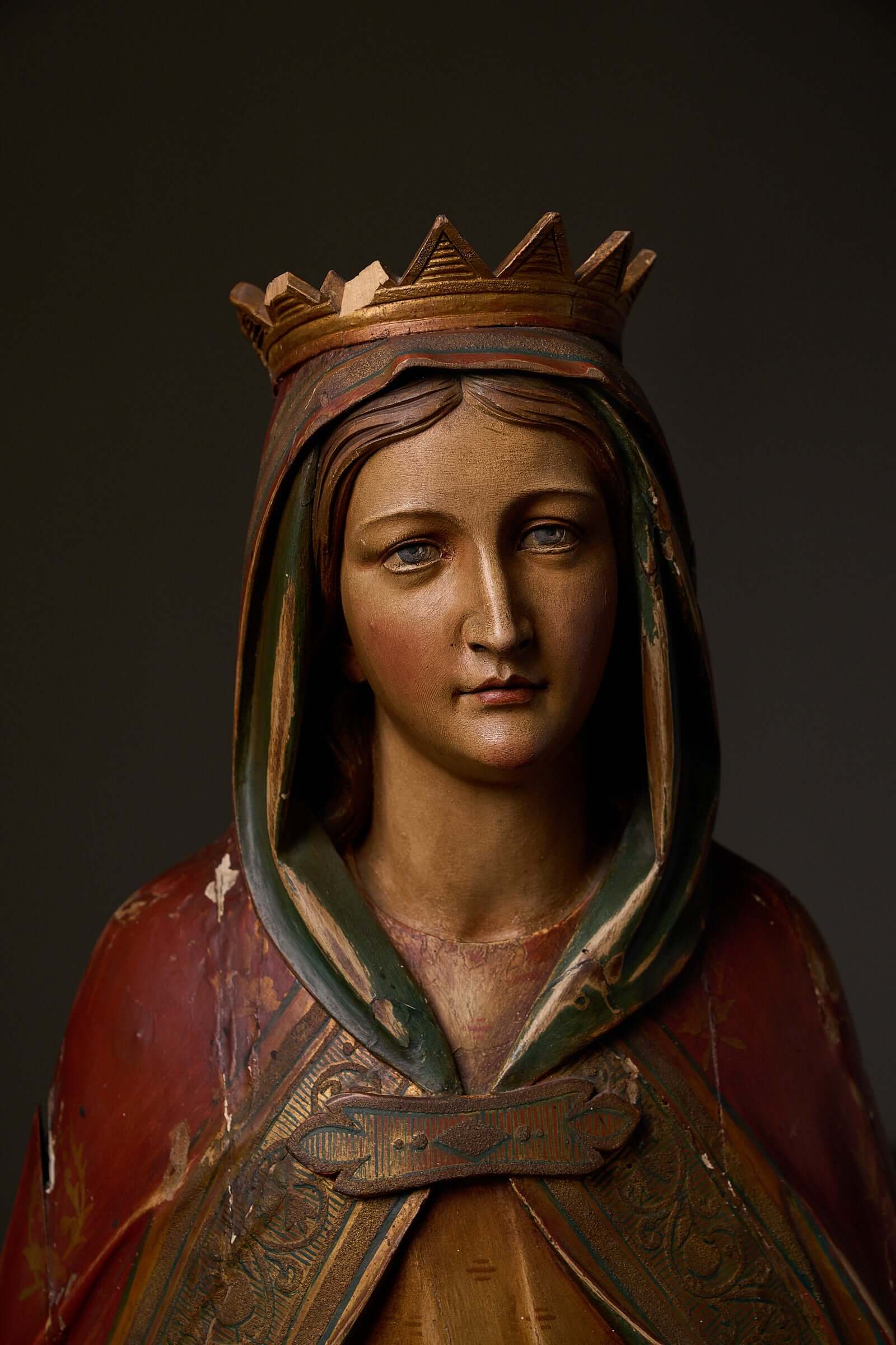 Antique Flemish Polychrome Statue of Saint Barbara, intricately hand-carved wooden sculpture with rich colors.