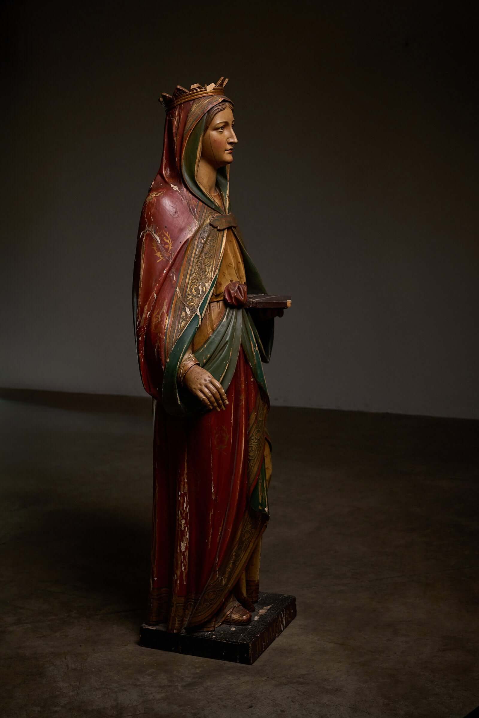 Antique Flemish Polychrome Statue of Saint Barbara, wooden religious sculpture with ornate details.