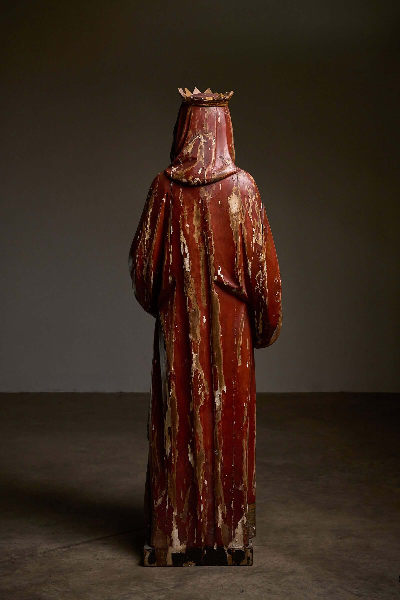 Antique Flemish Polychrome Statue of Saint Barbara, hand-carved wooden religious sculpture.