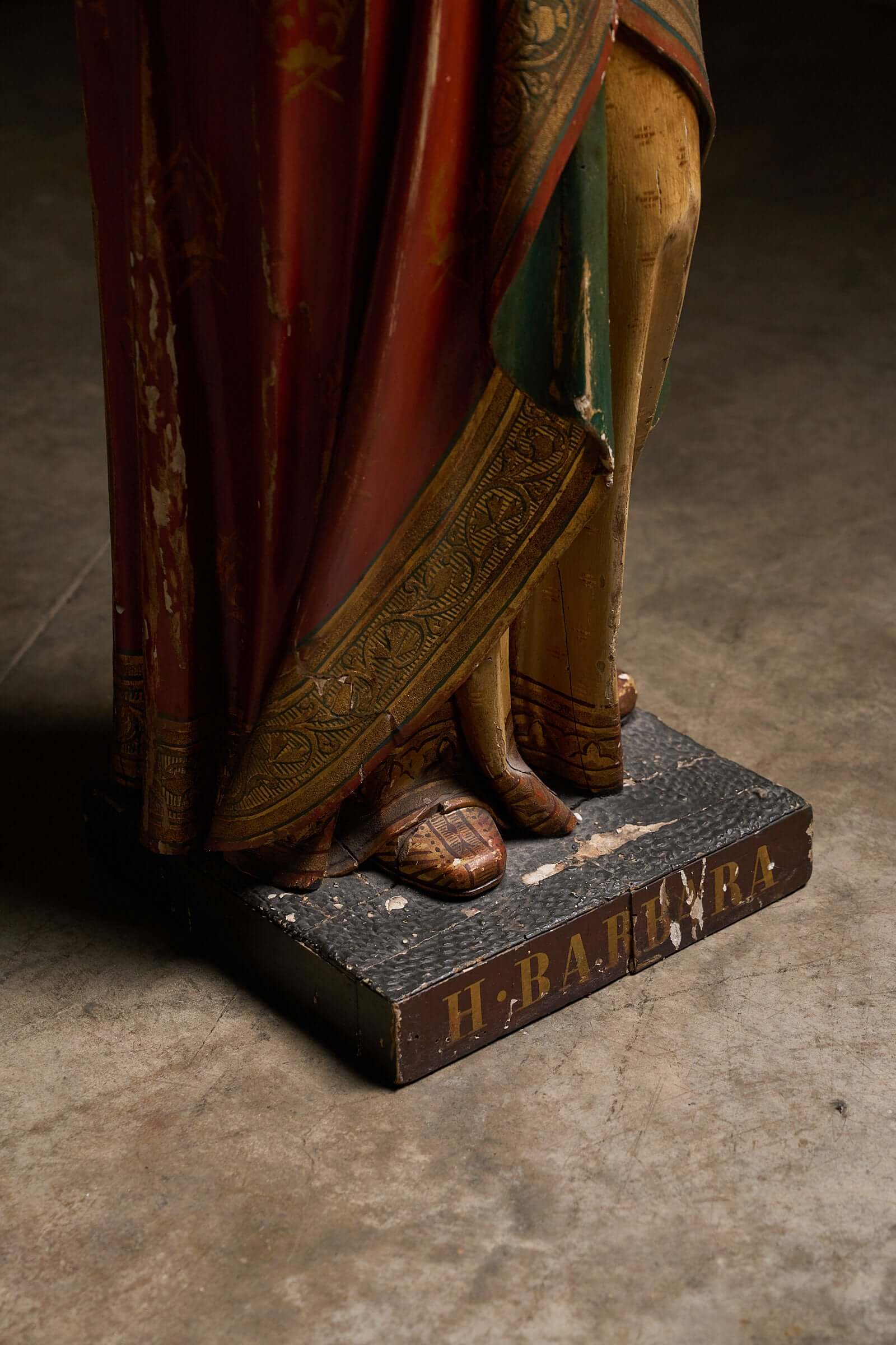 Base of Antique Flemish Polychrome Statue of Saint Barbara with hand-painted inscription "H. BARBARA".