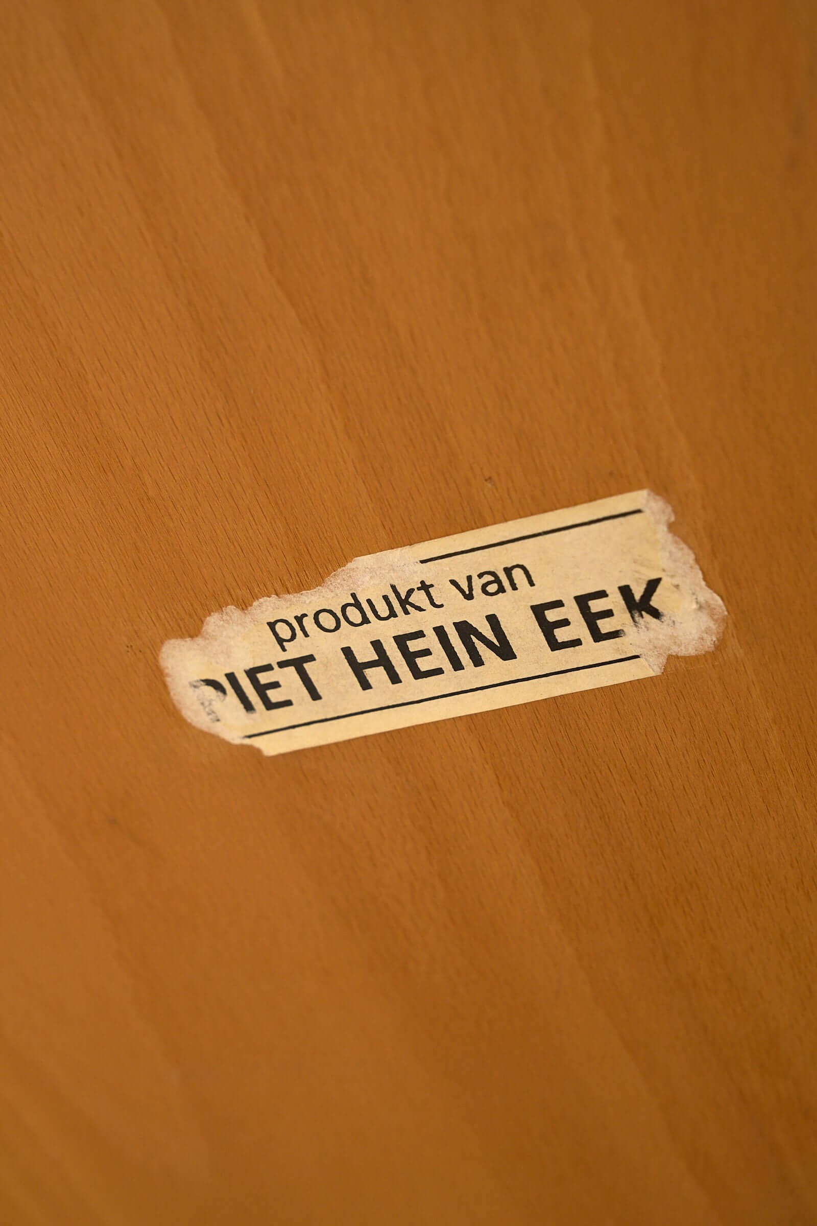 Piet Hein Eek Industrial Aluminium and Plywood Dining Table original maker's label on wooden surface.
