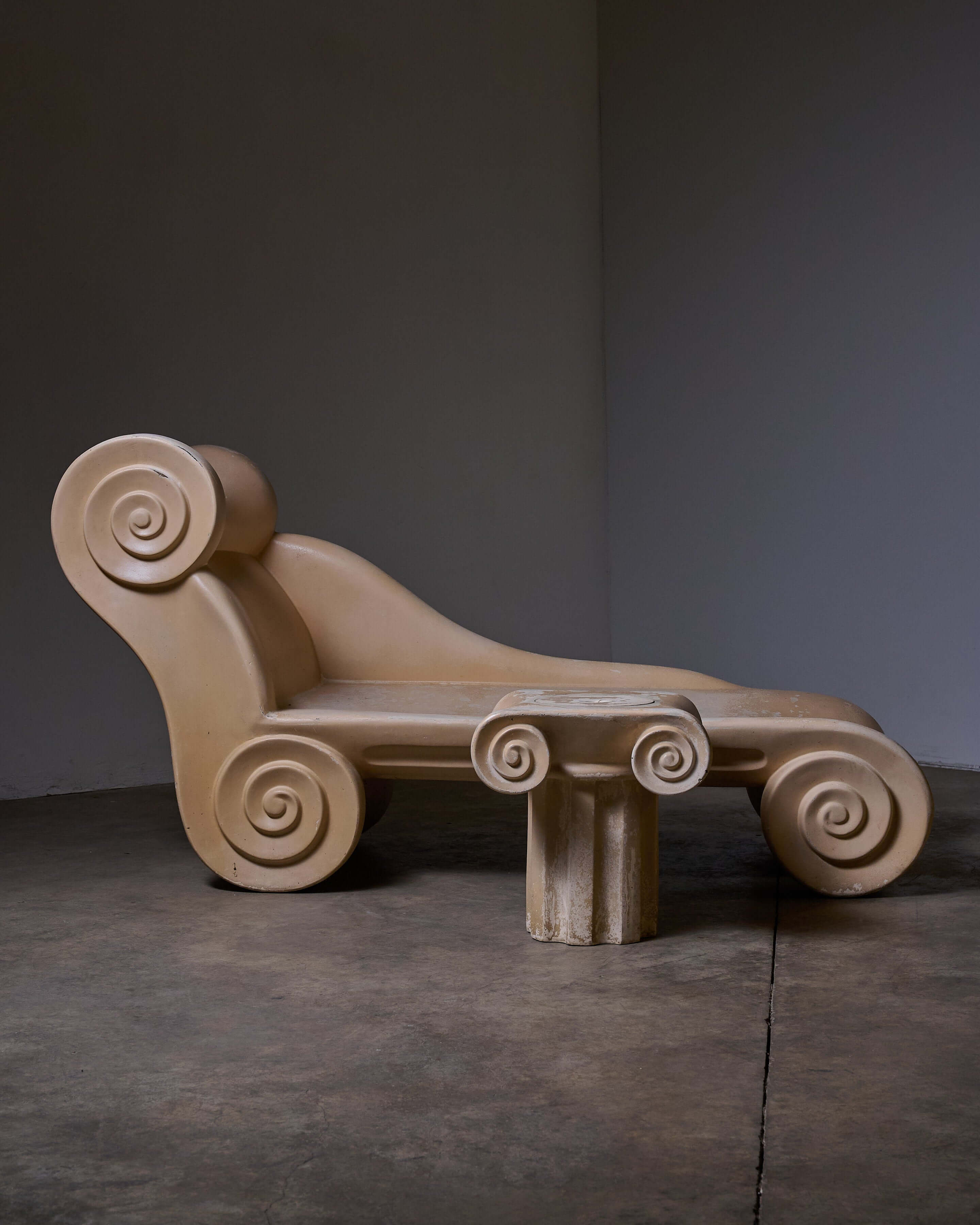 Ionic Column Chaise Longue, a sculptural 1980s Postmodern chaise longue with unique spiral details.