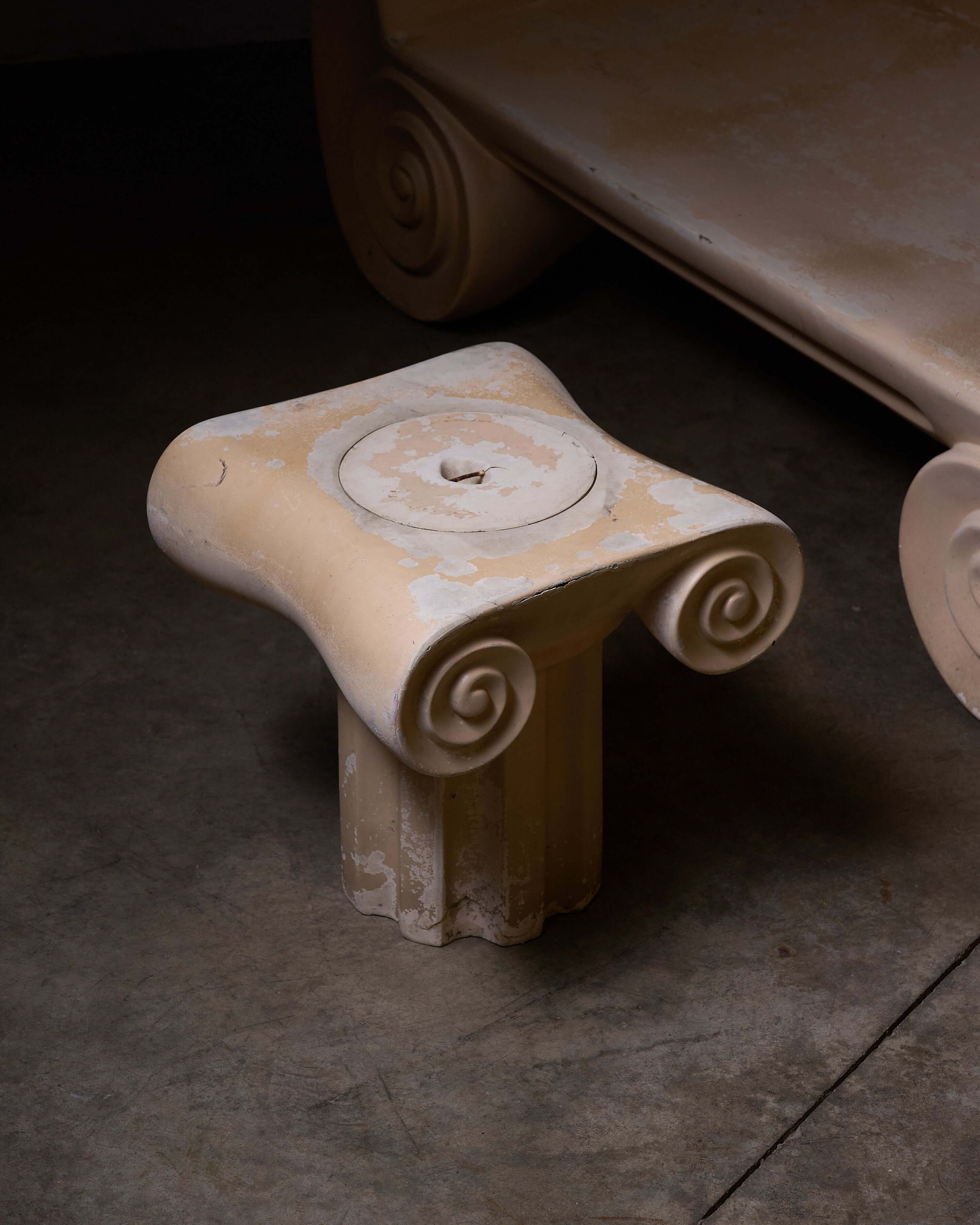 Ionic Column Chaise Longue detail, showcasing unique postmodern design with sculptural column base.