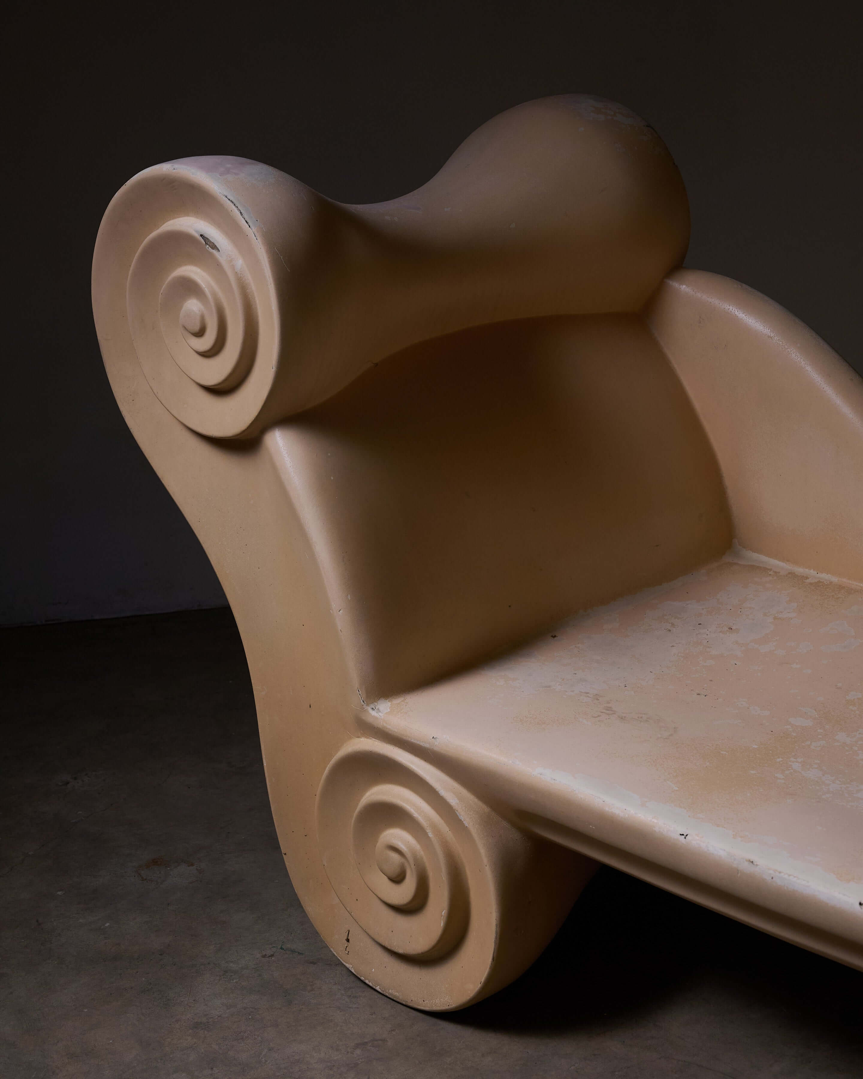 Ionic Column Chaise Longue featuring unique sculptural design with scroll details from the 1980s Postmodern era.