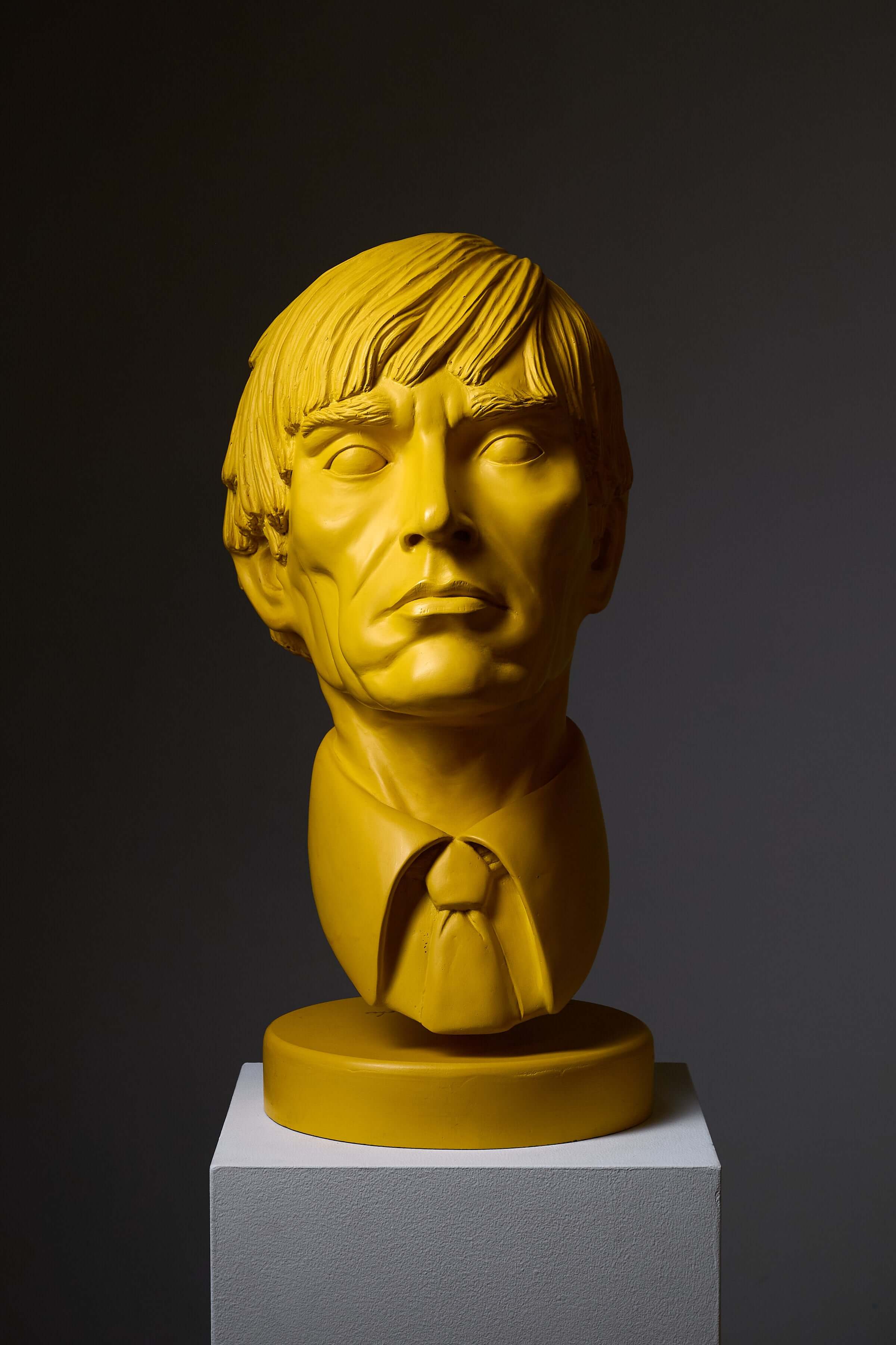 'Andy Warhol' Sculpture by Leonardo, a vibrant yellow bust of the pop art icon, signed and numbered.