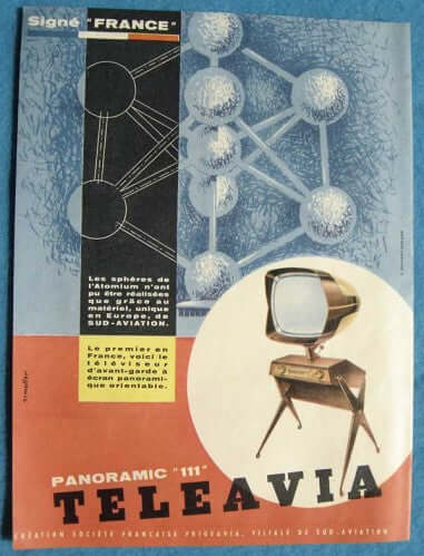 Teleavia P111 'Panoramic' Television Set (1958) showcased in vintage advertisement for Space Age design.