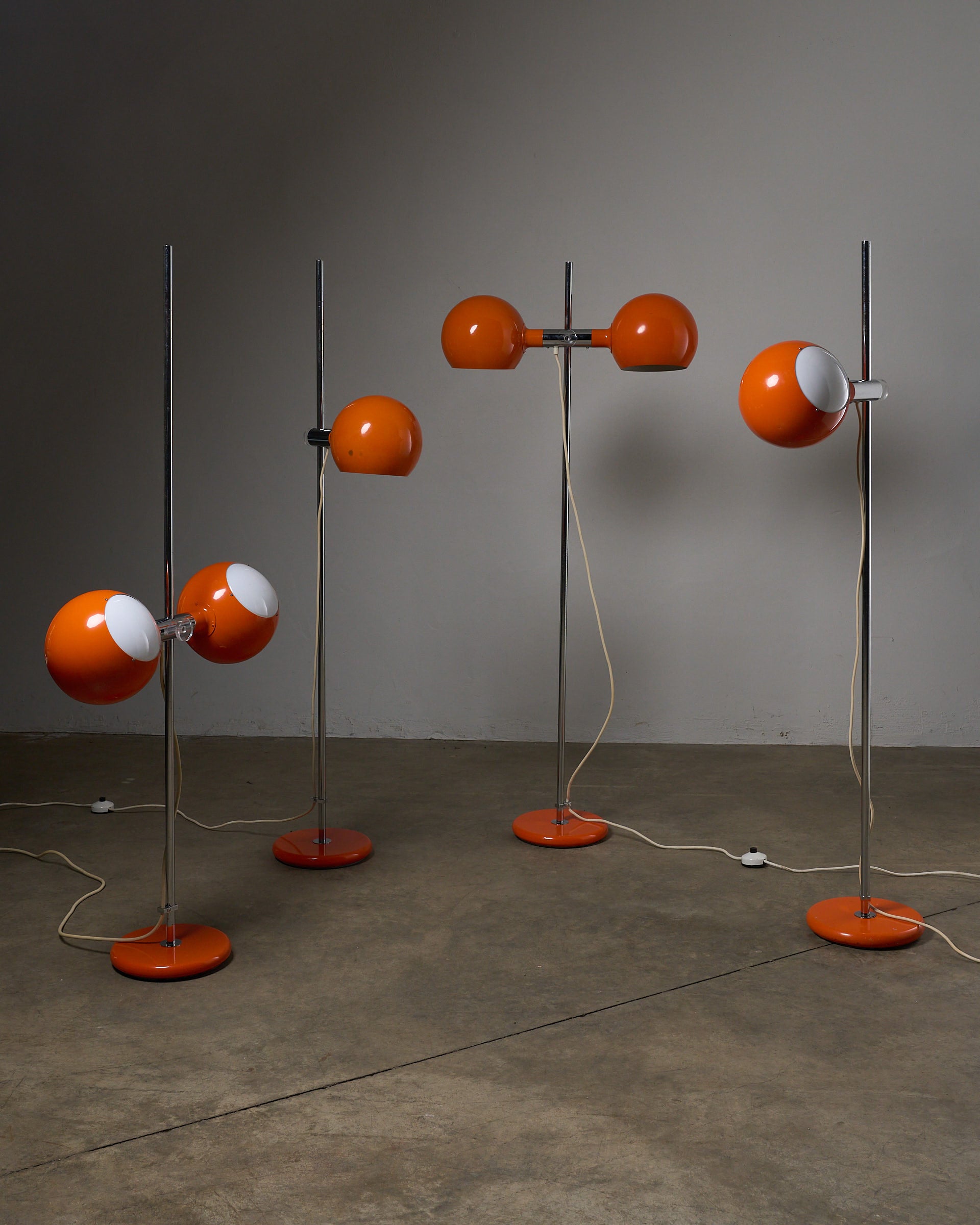 Orange Double-Sphere Floor Lamp by Cosack, Germany 1960s, featuring double lacquered metal spheres and chromed steel base.