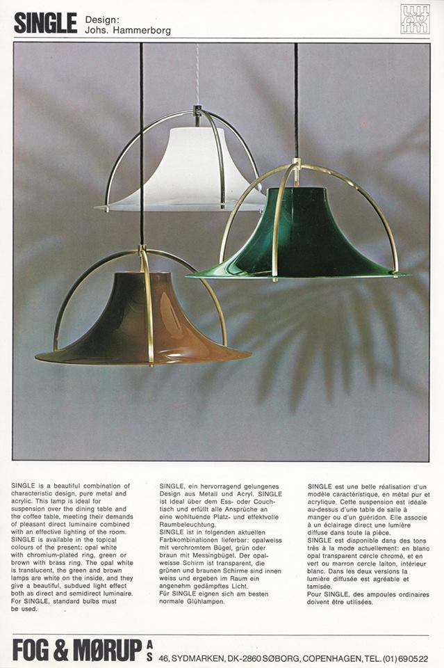 Fog & Mørup “Single” Pendant Lamp by Jo Hammerborg, 1970s in elegant design showcasing caramel and green acrylic shades.